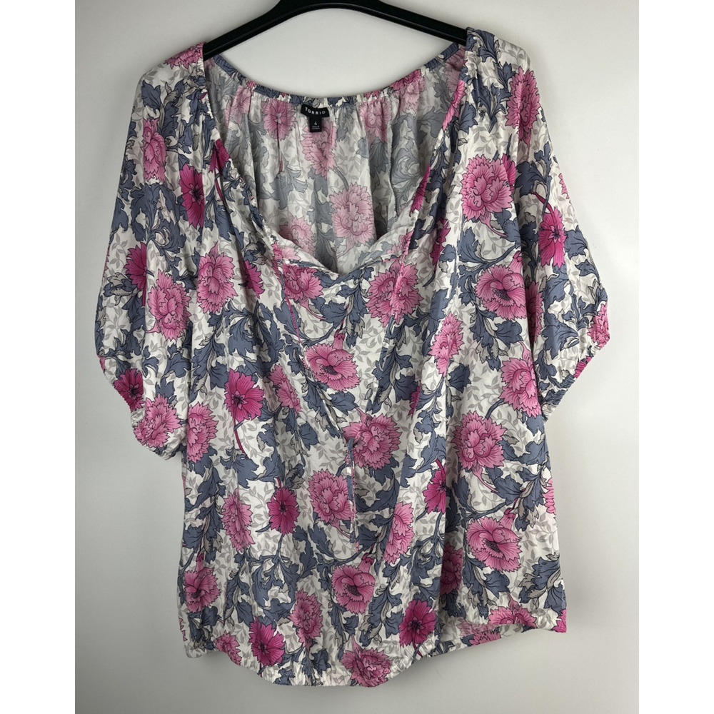 ✨2/$20 Torrid Challis Peasant Blouson Sleeve Top Floral Sheer Chiffon Plus Sz 4X - Picture 2 of 11
